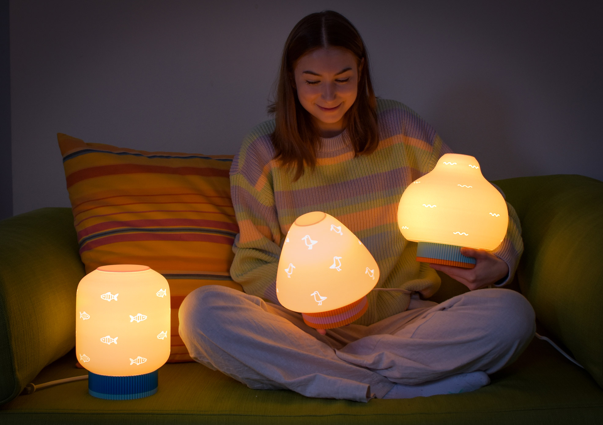 Trois lampes artisanales imprimées en 3D par La Banane À Bosse